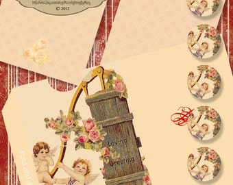 Digital Valentine's Card, Vintage Ephemera, Junk Journal Page, Printable, Matching envelopes, Collage, note cards, Instant Download 871s