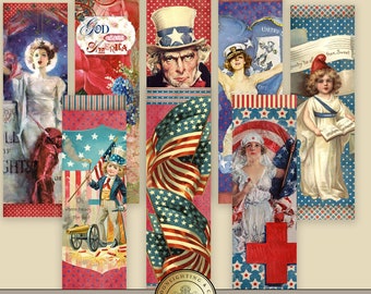 Independence Day Bookmarks, patriotic, printable, vintage, digital collage, scrapbooking, craft paper, cards, 4th of July , ephemera 105b