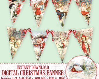 Christmas Banner, Vintage, Printable, Decorations, Holiday, Décor, Ellen Clapsaddle, Digital Download, Cottage Core, Garland