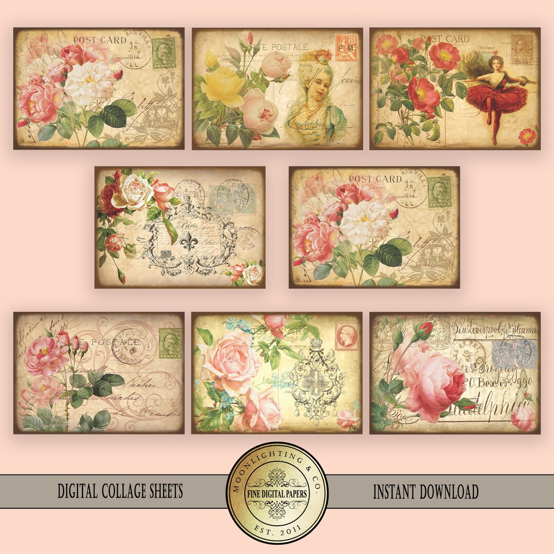 ATC ROSE POSTCARDS Aceo Digital Download Printable Collage Sheet Cards ...