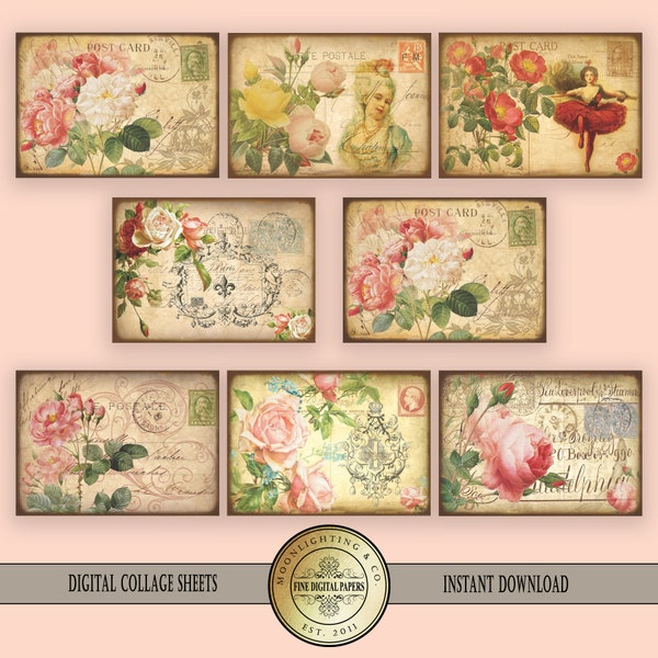 ATC ROSE POSTCARDS Aceo Digital Download Printable Collage Sheet Cards Gift Tags Scrapbooking 550