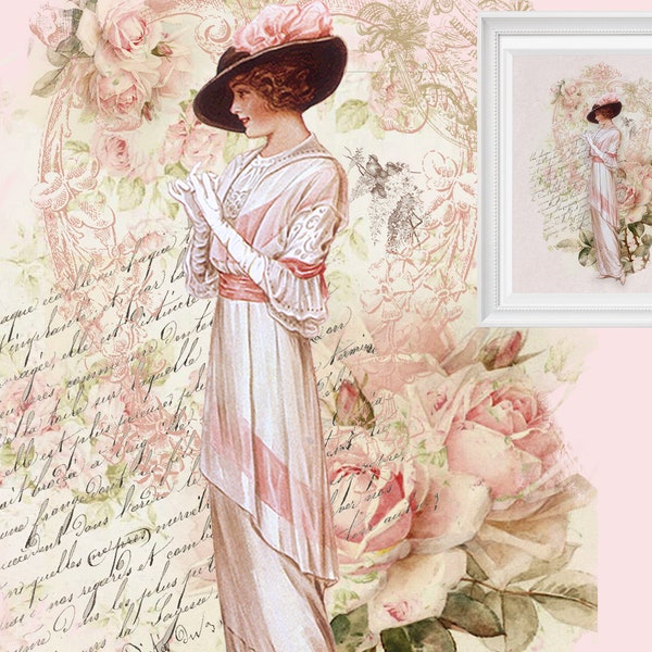 Victorian Edwardian Lady Shabby Chic Printable Transfer Digital Sheets Print on Fabric Paper Iron On Transfer Frameable Art Pillows 1404S