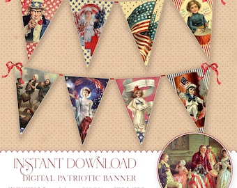 Independence Day, Patriotic Banner, July 4th, Printable, Vintage, Pennants, Bunting, Digital, Garland, Flags, Clip Art, Instant Download