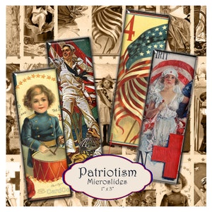 May include: A collection of vintage-style microslides with patriotic themes. The images include a young boy playing a drum, a sailor on a bicycle, an American flag, and a nurse. Each slide is 1 inch by 3 inches.