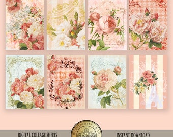 ATC DIGITAL COLLAGE Sheet French Flowers Roses Aceo Instant Download Scrapbooking Digital Cards Printable Download Image Tags 510a