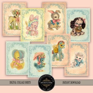 EASTER ATC RETRO Baby Animals, Digital Download Printable Collage Sheet Printable Images Greeting Cards Gift tags Scrapbook 532a