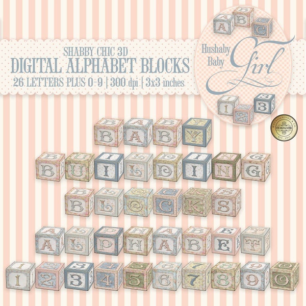 BUILDING BLOCKS ALPHABET 3D shabby chic numbers clip art baby clipart instant download digital baby girl toys play time children kids 8010