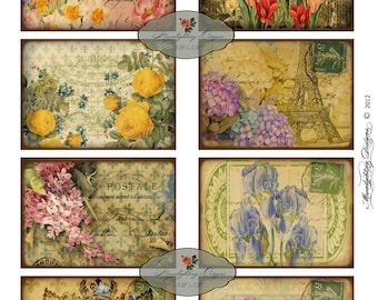 FRENCH FLORAL Printable Tags DIGITAL Atc Aceo Collage Sheet Download and Print Paper Crafts Card 547a