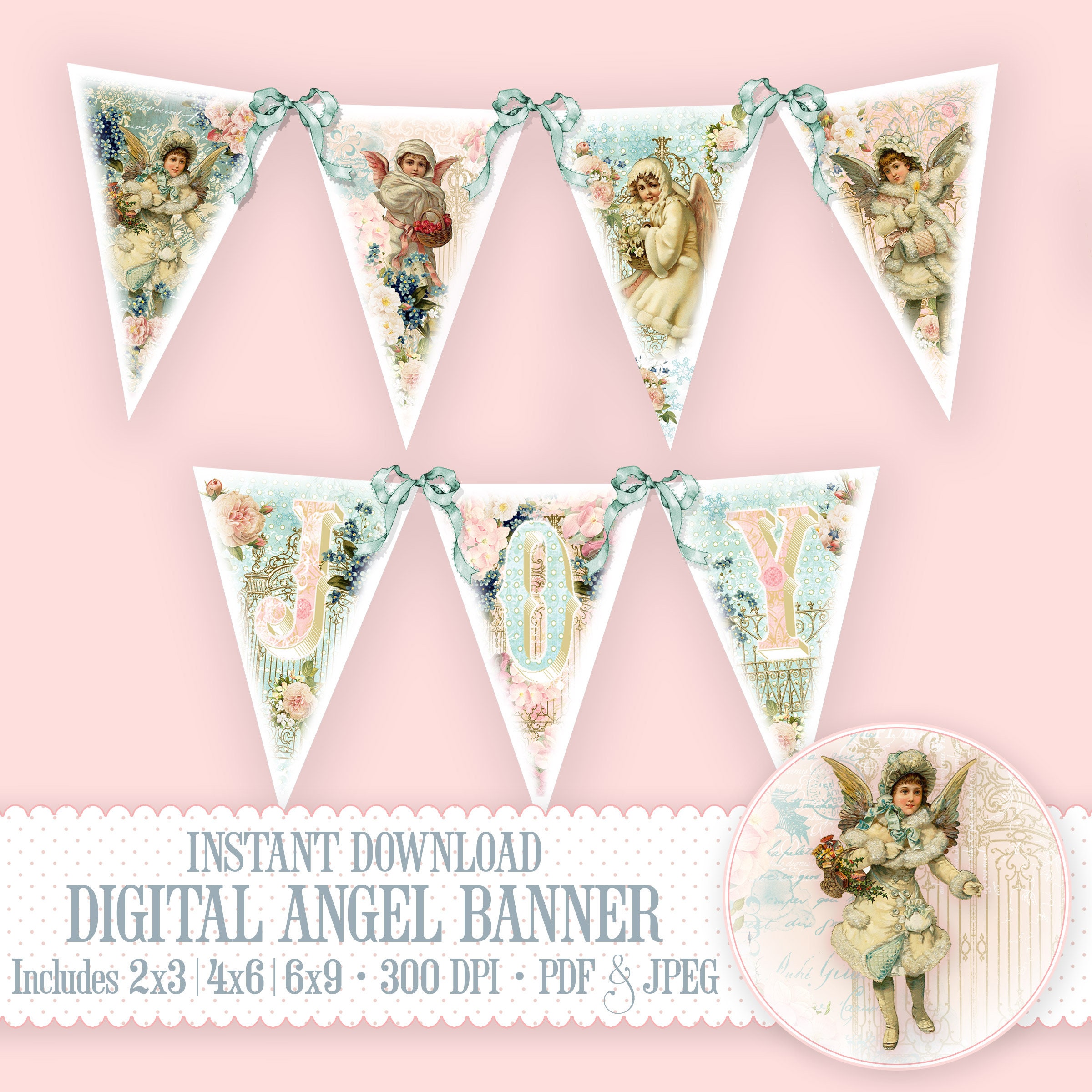 Printable Christmas Angel Shabby Chic Banner Party Banner Paper
