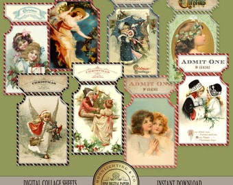 Christmas Vintage Tags Shabby Chic Christmas Tickets Digital Printable Collage Sheet Cards Gift Tags journaling scrapbooking clip art 751