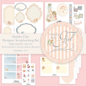 Shabby Chic Baby Girl Digital Clip Art, Scrapbook, Instant Download, Children, Vintage, Cradle, Stamps, Note cards, Frames, Envelopes 8010