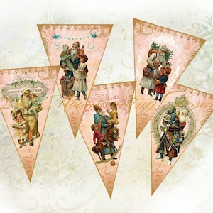VICTORIAN SANTA GARLAND Banner Digital Download Printable Vintage Pennants Paper Goods Flags Bunting Shabby Chic 403b