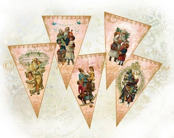 VICTORIAN SANTA GARLAND Banner Digital Download Printable Vintage Pennants Paper Goods Flags Bunting Shabby Chic 403b