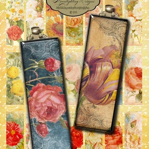 May include: Two rectangular glass perfume bottles with floral designs. One features a large pink rose on a teal background, the other a purple and yellow tulip on a tan background. The background is a collage of floral images and script.