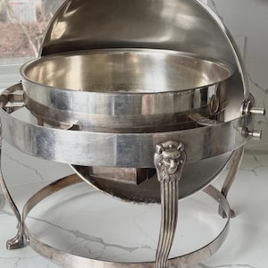Calentador de alimentos redondo con tapa enrollable y diseño vintage de cabeza de león, tamaño completo 21" x 18", de Haber & Son NY
