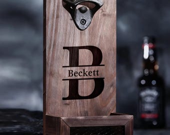 Ouvre-bière personnalisé, attrape-bouchons mural, ouvre-bouteille en bois personnalisé