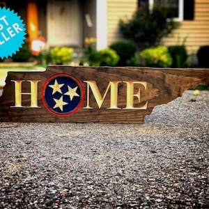 Tennessee HOME with Tristar FULL Cutout - up to 30&quot;, Nashville, Tennessee Home Sign, Tennessee flag, state cutout,  Tennessee Home Tristar