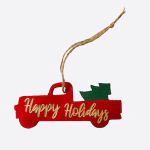 HAPPY HOLIDAYS- Red Truck with Tree, Christmas Ornament Christmas Tree, vintage red truck, Custom, farmhouse truck, farm truck, holidays