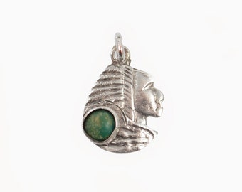 Vintage Native American Indian Head Profile Charm - Sterling Silver with Natural Green Stone 1950's Travel Souvenir Western Theme Old West