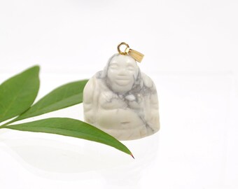 Vintage Carved White Howlite Buddha Pendant - 1960s - Small 7/8" Buddha