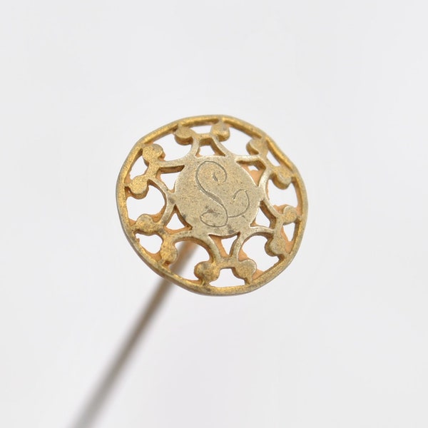 Antique 1900's Art Nouveau Brass Hat Pin - Hand Engraved "S" - 9" Length - Millinery Accessories - Small Brass Filigree Head 1/2" Diameter