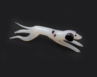 Vintage Dalmatian Dog Blown Glass Miniature - Racing Dog Figurine - Dog Collectibles - White Milk Glass - Black Spotted Dog - 1950's