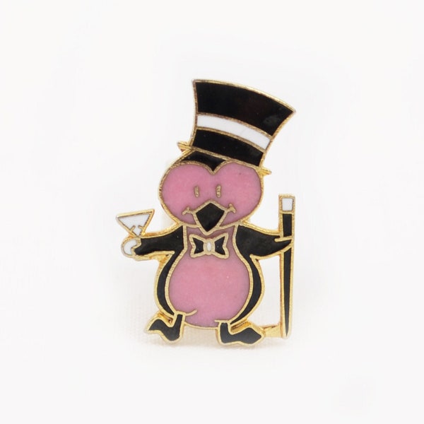 Vintage Pink Penguin Pin with Martini Glass Top Hat and Cane - 1970s - Enamel on Gold Tone