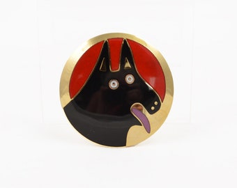 Vintage Laurel Burch Basso Dog Brooch - 1 1/2" Diameter Disc Brooch - Enamel on Gold Tone - Black Dog