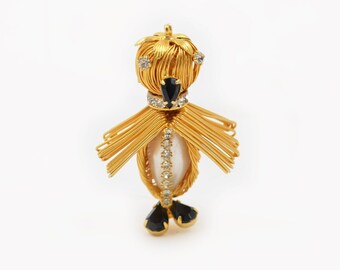 Vintage Gold Wire Wrapped Penguin Brooch - Faux Pearl Belly, Rhinestones and Cut Black Glass