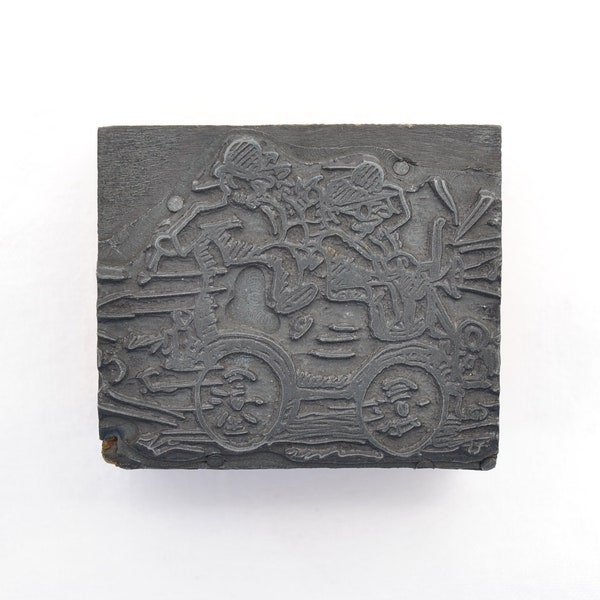 Antique Printing Block - Comic Strip Characters Riding Vehicle - Wood and Metal Ink Stamp