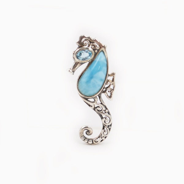 Vintage Larimar & Blue Topaz Jelly Belly Seahorse Pendant CFJ 925 Silver Thailand - Sterling Silver Seahorse Pendant with Natural Blue Stone