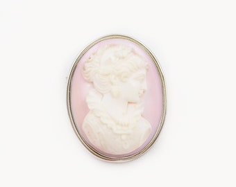 Vintage Carved Natural Shell Cameo Pendant Brooch - White and Pale Pink Cameo - Sterling Silver Setting - Right Facing