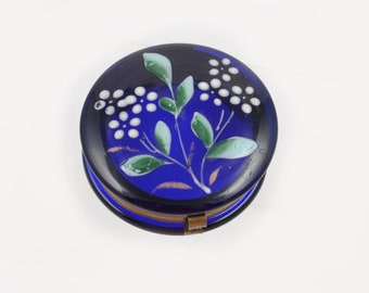 Antique Victorian Cobalt Blue Glass Pill Box - Trinket Box - White and Green Floral Enameled Glass - Dresser Vanity Accessories Display Box