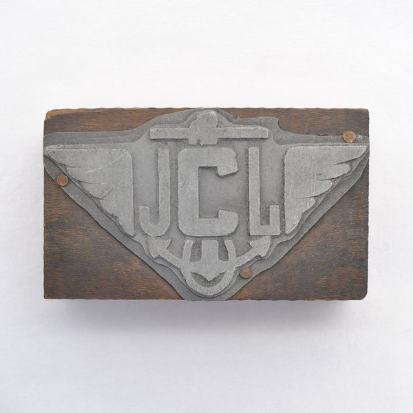 Antique Printing Block - JCL with Wings and Anchor Image - Wood and Metal Ink Stamp - Navy