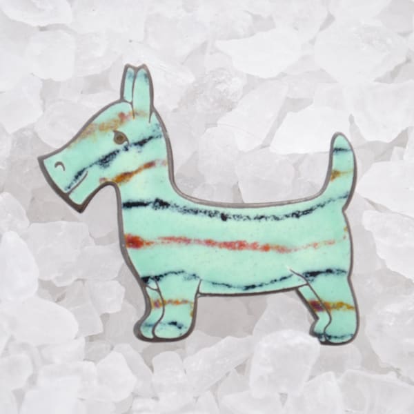 Vintage Art Deco Enamel on Sterling Mint Green Dog Pin - 1940's - Striped Terrier Dog - Marked E Sterling - Dog Brooch Collectibles - Scarce