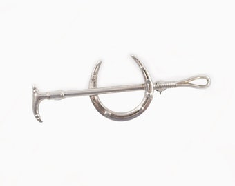 Vintage Sterling Silver Lucky Horseshoe and Riding Crop Brooch - 1950s Equestrian Theme Pin