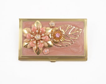 Vintage Pink Enamel Floral and Brass Business Card Case - Business Card Holder - Decorative Card Carrying Case - Purse Accessories