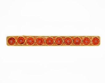 Vintage Micro Mosaic Bar Brooch - Orange Daisies - 1960's - Goldtone Setting - Thin 1/4" Bar Pin - Collar Pin