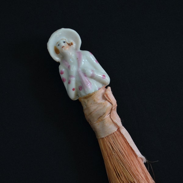 Vintage Half Doll Brush - Porcelain Ceramic - Japan - 5 1/2" Length - Vanity Collectible - 1920's - Broom Skirt Doll