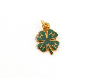 Vintage 4-H Club Small Gold Filled Charm - Green Enamel Four Leaf Clover Logo - 10K Gold Filled