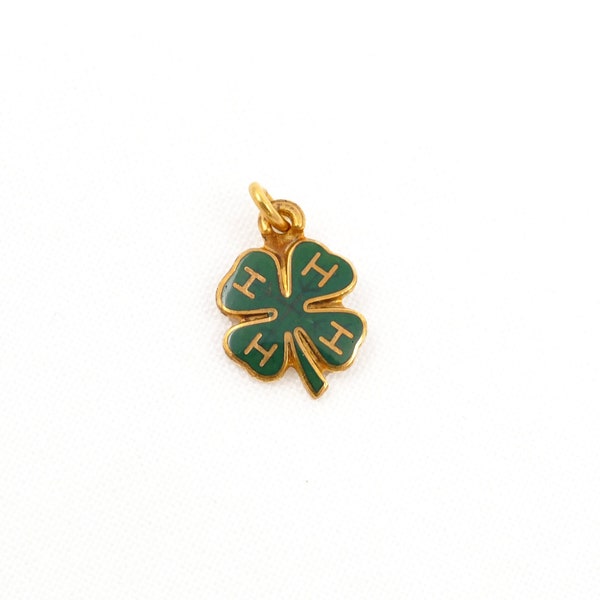 Vintage 4-H Club Small Gold Filled Charm - Green Enamel Four Leaf Clover Logo - 10K Gold Filled