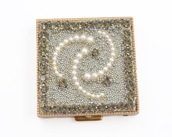 Vintage Wiesner of Miami Rhinestone Faux Pearl and Baby Seed Pearls Face Powder Mirror Compact - 1950's - Loose Powder Compact