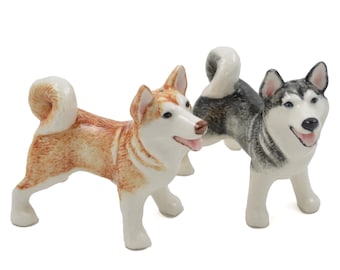 Vintage Blue Witch Ceramics Hand Painted Siberian Husky Dogs Salt and Pepper Shakers Set - Unused - Signed
