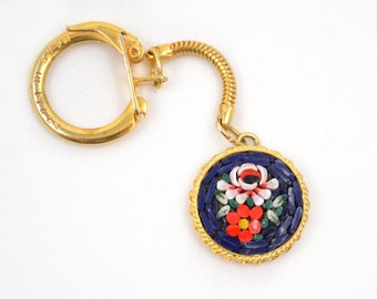 Vintage Micro Mosaic Floral Keychain - 1960's Italy - Goldtone Setting - Key Ring - Made in Italy