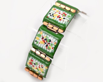 Vintage Enamel on Copper Chunky Link Bracelet - Modernist Abstract Design - 1960s - Bright Green and Multi Color Splash - 7" Length