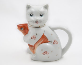 Vintage Cat Holding Orange Fish Teapot - Personal Teapot - Creamer Pitcher - 1970's China - Collectibles