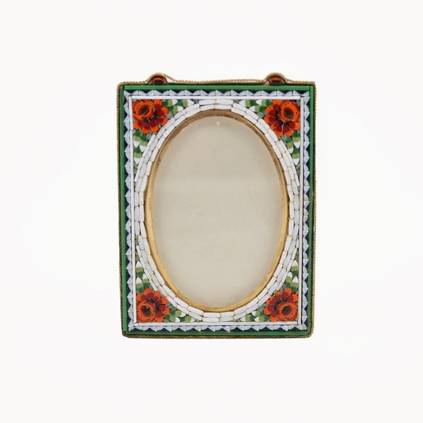 Vintage Micro Mosaic Photo Frame - 1950s Made in Italy - 3 1/4" Frame with Easel Back - Red Orange Green Floral Design with Oval Insert