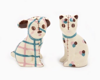 Vintage Patchwork Plaid Cat and Dog Salt and Pepper Shakers - Glazed Ceramic - 1950s Pink and Aqua - Kitten and Puppy Kitchen Shakers