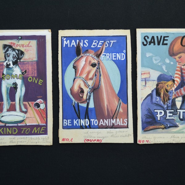 Lot of 3 Vintage 1940's Animal Awareness Hand Painted Art Cards - School Poster Designs - Pet Rescue Adoption