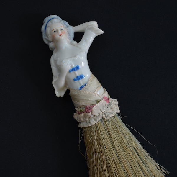 Vintage Half Doll Brush - Porcelain Ceramic - Japan - 7 1/2" Length - Vanity Collectible - 1920's - Broom Skirt Doll